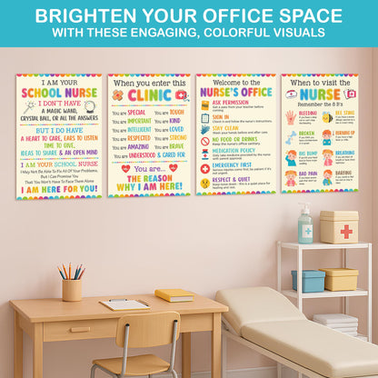 Lalunia 4 Pcs School Nurse Poster - 11"x16", When You Enter This Clinic, Health Office Posters for Office Bulletin Board Decorations, Education Back to School Nurses Supplies
