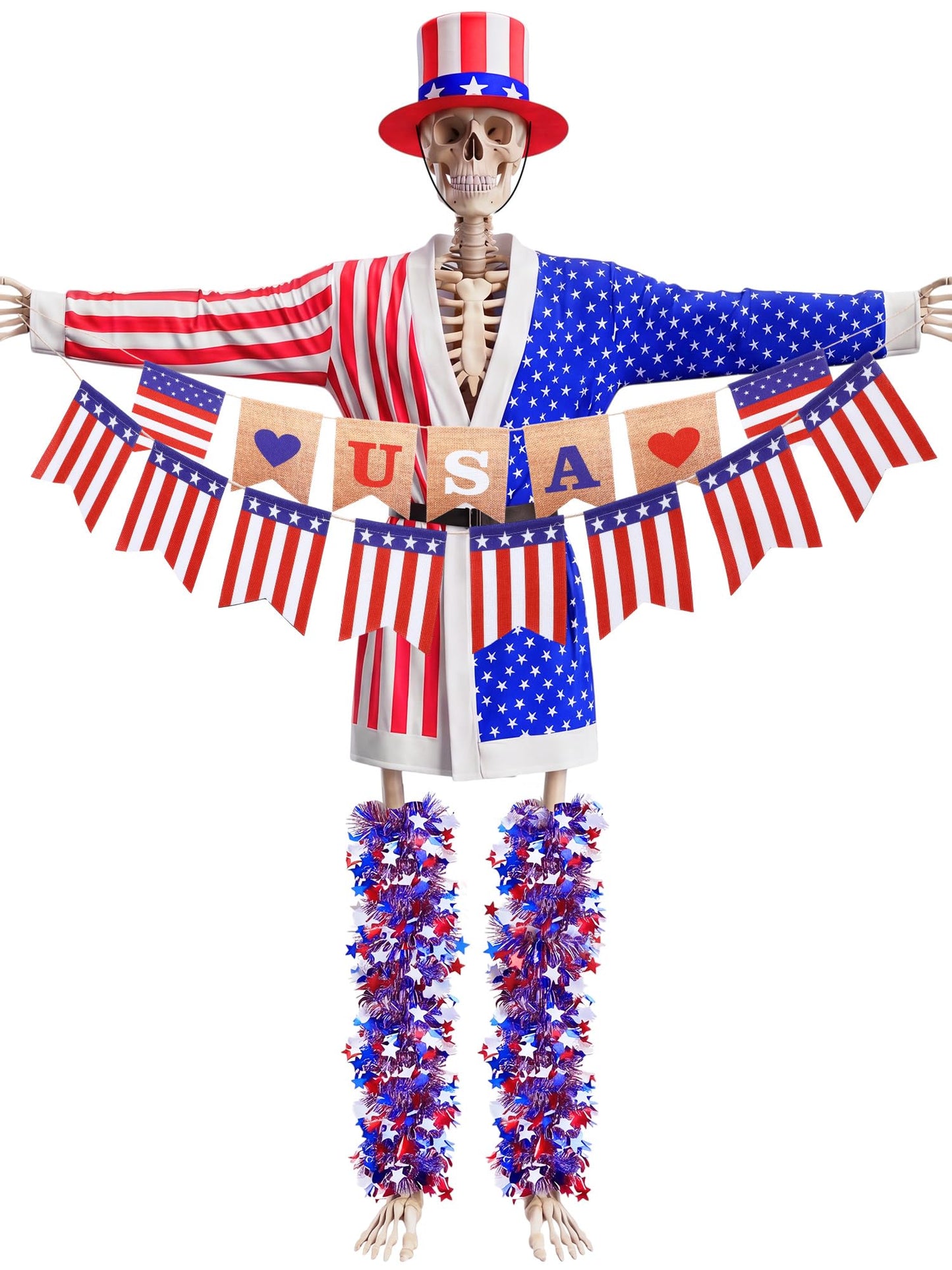 Ramede 8 Pcs 4th of July 12 ft Skeleton Outfit Accessories, Patriotic Red White Blue Hat USA Star Stripes Coat Banners & Tinsel Garlands for 12 Foot Skeleton Costume 250th Anniversary Outdoor Decor