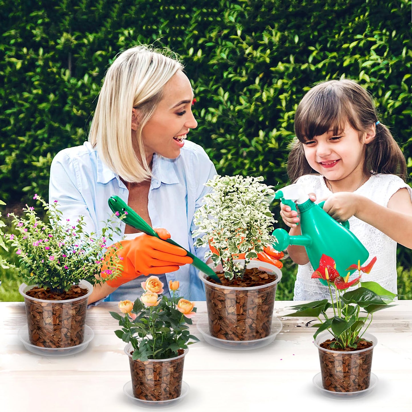 HQAUT 24 Pack 7/6/5 Inch Clear Nursery Pots with Drainage and Saucers, Clear Plastic Plant Pots for Plants, Seed Starting Pots