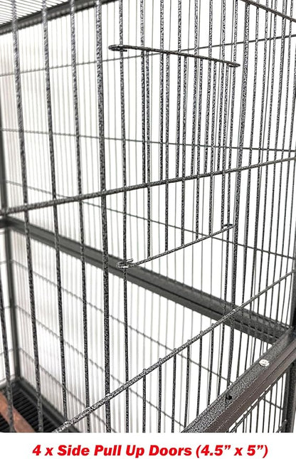 X-Large Sturdy Wrought Iron Breeding Flights Canary Parakeet Cockatiel African Grey Lovebird Finches Parrot Home Cage Double Large Front Doors 4 Side Doors Bottom Storage Shelf On Lockable Wheels