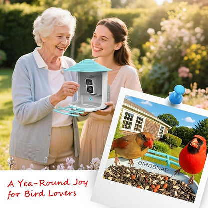 birdsnap® TUC Bird Feeder with Camera 2K HD Live with 32GB Card Auto Detect & Notify AI Identify Camera Birds Feeders Solar Powered Wireless Outdoors Backyard Gift for Mom Dad Birds Lover, 2.4G WiFi