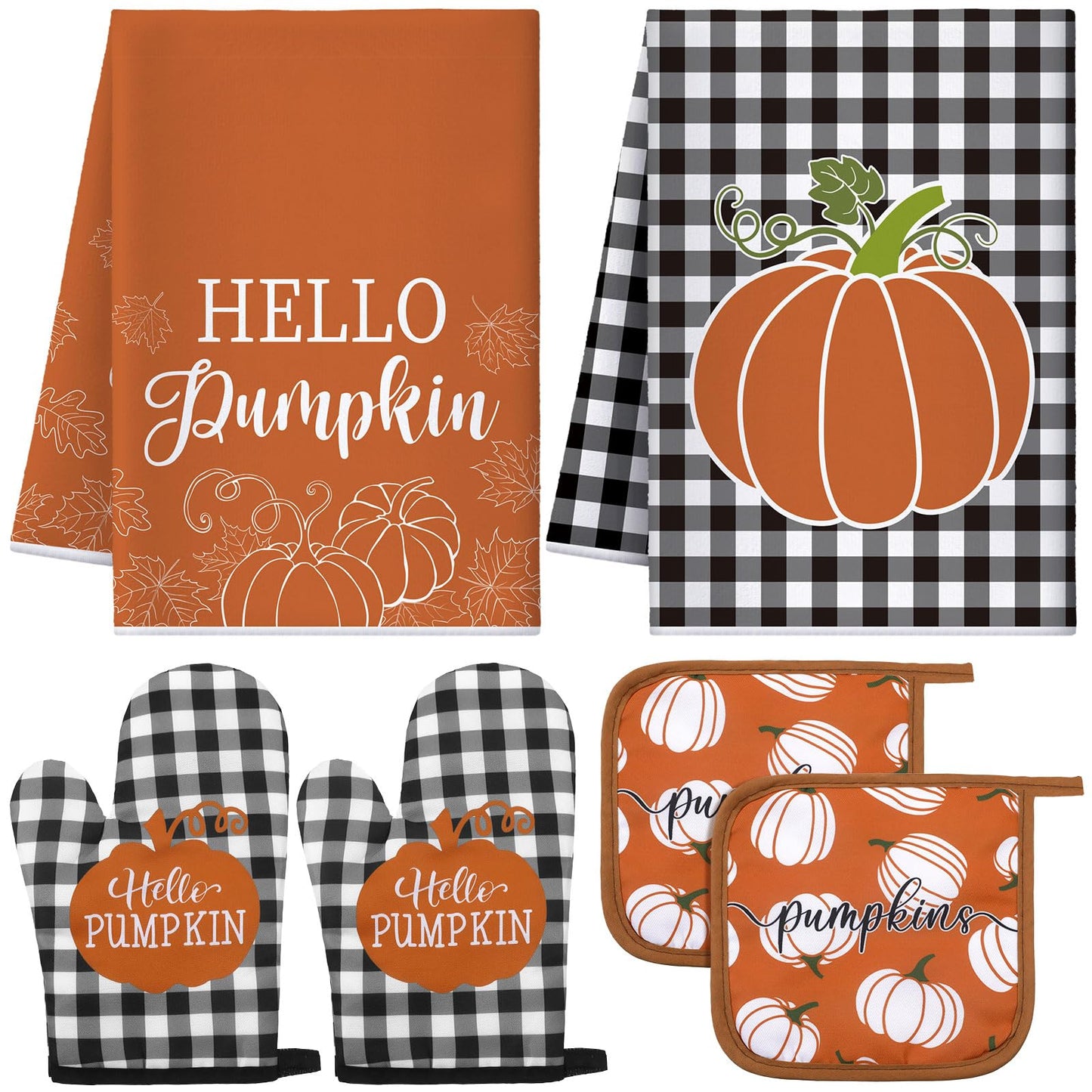 Leinuosen 6 Pack Fall Thanksgiving Kitchen Set with 2 Hello Pumpkin Dish Towels, 2 Pot Holders and 2 Buffalo Plaid Oven Mitts for Gifting, Baking and Cooking