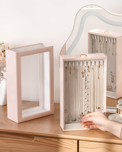 Lolalet Upgraded Double-Sided Hanging Necklace Organizer Box, Jewelry Display Case with Double-Sided Clear Window for Necklaces Bracelets, Tangle-Free Necklace Storage Box, Pink, 1-Layer 20 Hooks