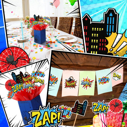 MotiMind 6 Sets 74 Pcs Spider Party Centerpieces Spider themed Party Decorations Table Toppers with Box Circus Sound Effect Cutouts and Sticks Tissue Paper for Baby Shower Birthday Decor