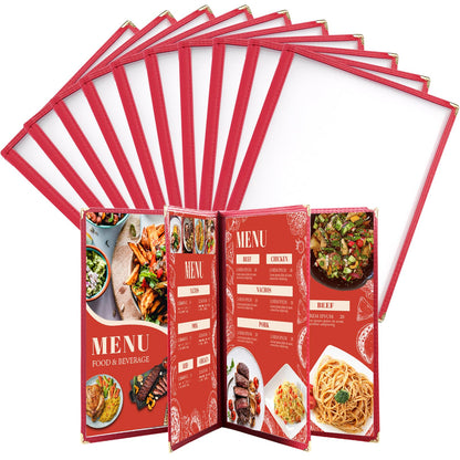 FLKQC 10 Pack 8 View Restaurant Menu Covers, Fits 8.5" x 11" Paper, Transparent Recipe Menu Covers Holders for Kitchen, Drink, Wine Menu Covers Burgundy (10, 8.5"x 11" (4 Page, 8 View))