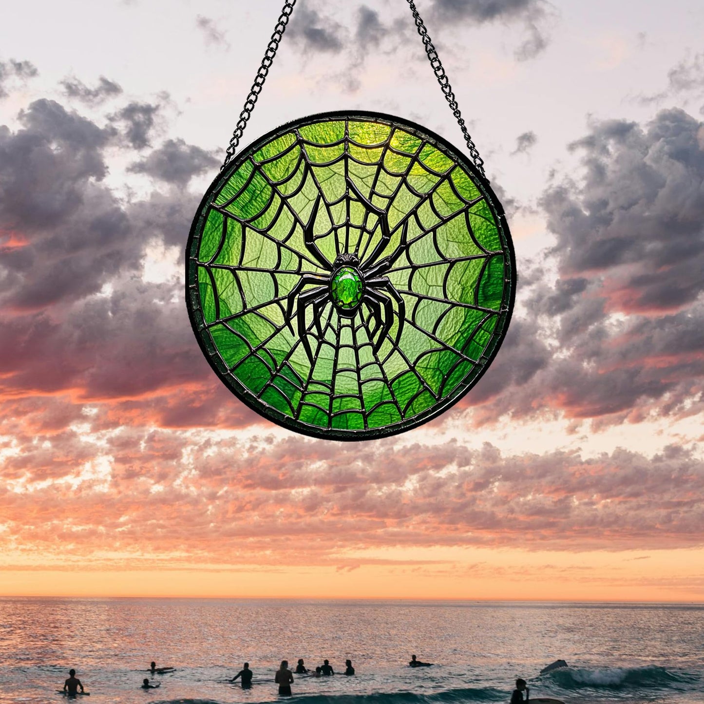 CRISGIF Stained Glass Window Hanging - Black Green Horror Spider Web Suncatcher for Doors Garden Patio Sun Catchers Decor Christmas Halloween Birthday Gifts for Women Men Mom Nana Friend 7.8 in