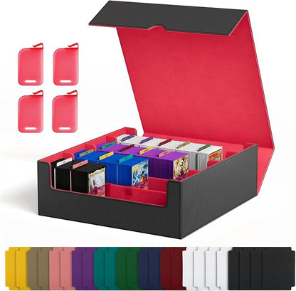 UAONO Trading Card Storage Box, Holds 2400 Sleeved Cards with 24 Dividers & 4 Stoppers, Magnetic Closure PU Leather Card Case for MTG, PTCG, YGO, Sports Cards (Black&Red)
