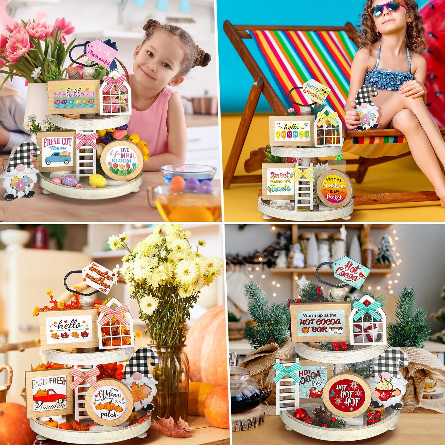 Kigley 70 Pcs 4th of July Tiered Tray Decor Set Interchangeable Spring Graduation Summer Seasonal Decor Farmhouse Holiday Tiered Tray Decorations Interchangeable Tabletop Decoration for Home