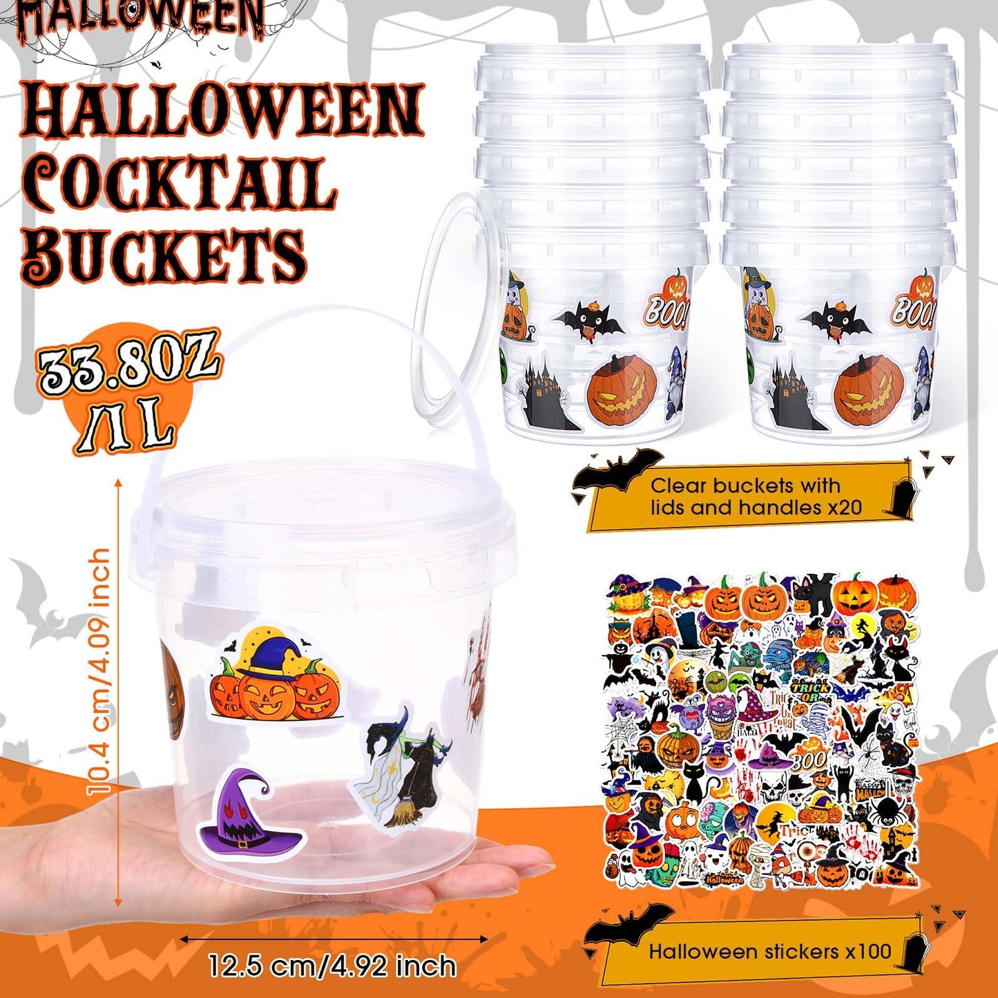 Sliner 20 Pcs 34 oz Halloween Candy Bucket Small Halloween Pail 100 Horror Stickers Halloween Cocktail Rum Buckets with Lid and Handle for Halloween Candy Drinks Food Container