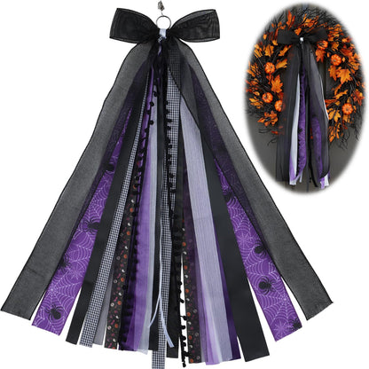 YKW Halloween Wreath Bow 27 Inch, Black Purple Spider Web Sash for Front Door Decoration, Large Gothic Ribbon Streamers Indoor Outdoor Wall Hanging