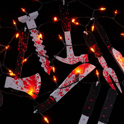 BlcTec Scary Halloween Decorations, 12 FT Halloween String Lights with 16 Fake Bloody Knives & 50 LED Orange Big Bulbs, 8 Modes Battery Operated Bloody Party Supplies for House Décor