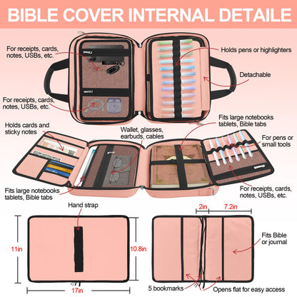 LAOTANGJIA Bible Cover,Pink Large Bible Bag for Women, Study Supplies Journaling Kit Book Carrying Case with Bible Highlighters Shoulder Strap Christian Gifts