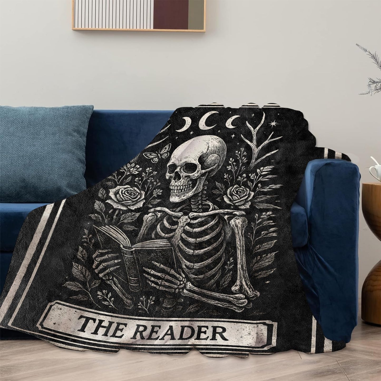 Mounidso Gothic Skeleton Reading Blanket Gifts for Women, Soft Warm Lightweight Flannel Skull Moon Throw Blankets for Bedroom Living Room Home Sofa Camping Decor 50" x 60", Goth Floral Throws