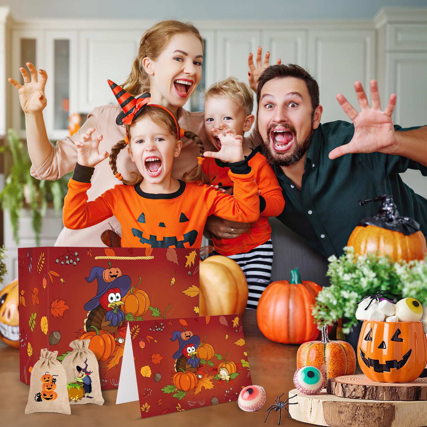 Briurdo Large Orange Happy Halloween Bag 11.8" Trick or Treat Gift Bag with Tissue Paper Greeting Card Night Pumpkin Turkey Paper Treat Bag Goodie Bags for Kids Halloween Thanksgiving Party Decorations Supplies