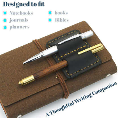 ESSSO Pen Holder for Notebook – Handmade Vintage Top-Grain Leather Notebook Pen Holder with Clip & Pen Loop for Journal, Planner & Bible (Black)