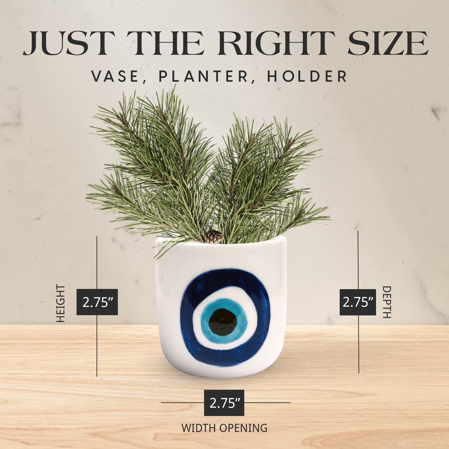 SLS SUPPLY FLORA - Modern Table Top Planter, Small Plant Pot for Home and Office, Hand-Painted Desk Planter, White Ceramic Pots for Plants and Succulents, Evil Eye Nazar Design