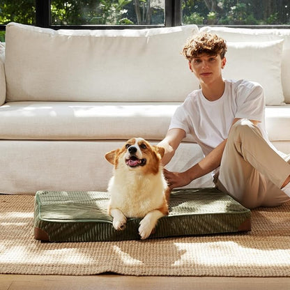 FUKUMARU Dog Bed, Thickened Corduroy Orthopedic Dog Beds with Washable Cover, Large Waterproof Dogs Bed for Crate, 28D Egg Crate Foam Support Pet Mat, Cozy Pet Bed Pad with Anti-Slip Bottom, Green