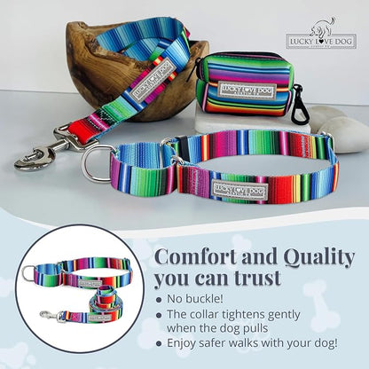 Lucky Love Dog Martingale Dog Collar & Leash - Adjustable, No-Slip, Durable, Comfortable, Soft Webbing, & Stylish Patterned Collar & Leash Set for Male and Female Dogs - Nacho Combo, Small