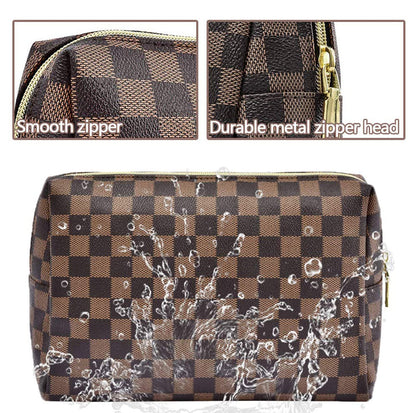 BAGCRAZY Checkered Makeup Bag Set, Elegant Travel Cosmetic Bag 2 Pack, Waterproof PU Leather Makeup Organizer with Zipper for Women