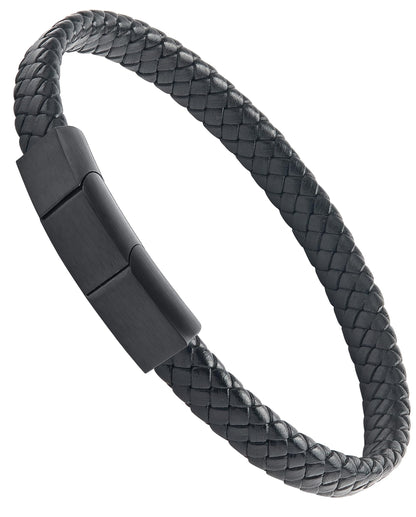 Forge & Foundry Men's Genuine Interwoven Leather Braided Bracelet with Matte Black Custom Engraved Stainless Steel Clasp | “Hanover” | Artist Collaboration Design | Medium Adjustable