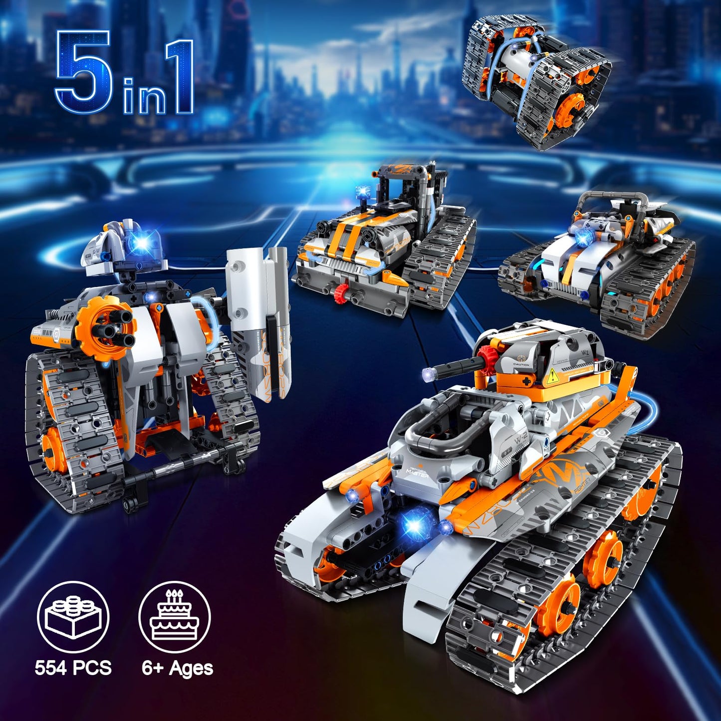 MOJINO 5 in 1 STEM Building Set with LED Light, APP & Remote Controlled Cars Building Toys Kit, RC Robot Tank Sleigh Tracked Racer 554 PCS, Toy Gifts for Kids Boys Girls Ages 6 7 8 9 10 11 12+ Year