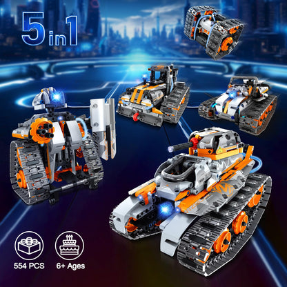 MOJINO 5 in 1 STEM Building Set with LED Light, APP & Remote Controlled Cars Building Toys Kit, RC Robot Tank Sleigh Tracked Racer 554 PCS, Toy Gifts for Kids Boys Girls Ages 6 7 8 9 10 11 12+ Year