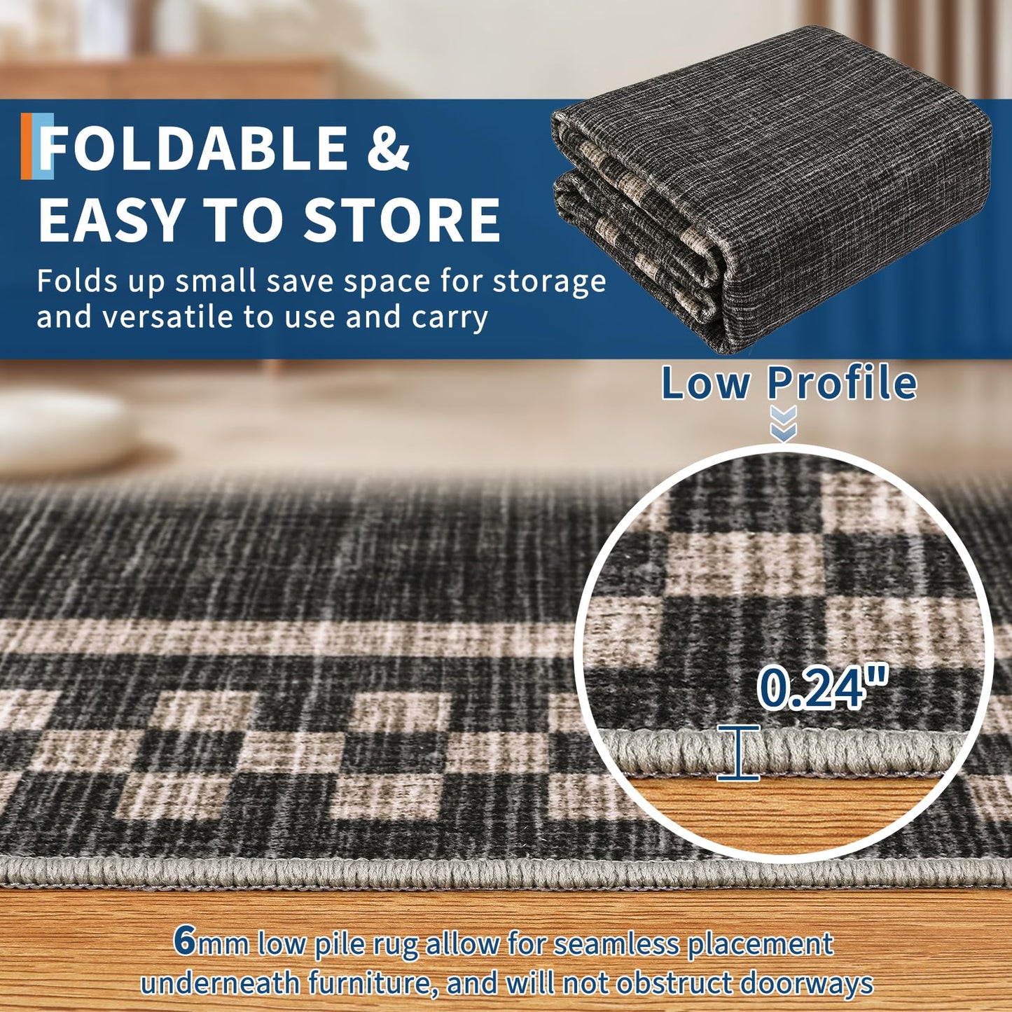 Small Bedroom Area Rug 3x5 Checkered Area Rug for Living Room Nursery Non Slip Kitchen Throw Carpet Low Pile Modern Bordered Rugs Washable Bathroom Mat Soft Brown Rugs for Laundry Entryway, Black