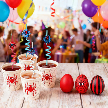 LEDUO 24PCS Spider Web Drinking Straws - Man Party Decorations Gifts Supplies-Reusable Plastic Silly Crazy Straws for Kids Boys Girls Spidery Theme Birthday Party Favors Halloween Goodie Bags Stuffers