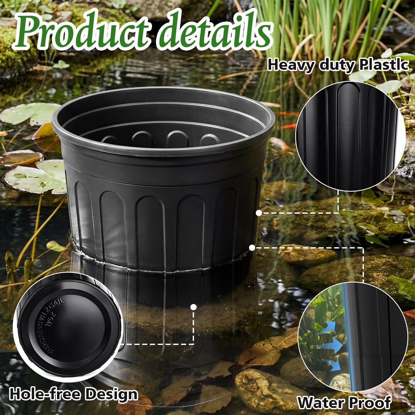 RimCereal 2 Pack 2 Gallon Aquatic Plant Pots 9 Inch Pond Pot Plastic Water Lily Pot Round Plastic Planter for Outdoor Ponds Terrific Aquatic Soil Great Water Lilies Lotus and Other Pond Plants,Black