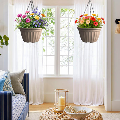 FGstyle 6 Pack Hanging Planters 8 Inch, Self Watering Pots for Indoor Plants, Plastic Hanging Basket with Soil Elevator and 20" Chain for Home Garden Porch Balcony Patio Decor (Beige)