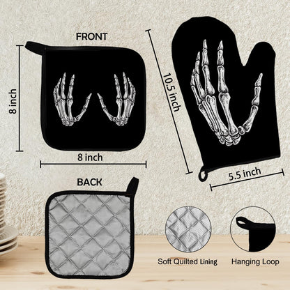 Mingnei Gothic Skeleton Oven Mitts and Pot Holders Sets, Black Goth Heat Resistant Potholder Kitchen Decor for Cooking Baking BBQ Grilling, Gothic Goth Gifts for Women Oven Glove Set