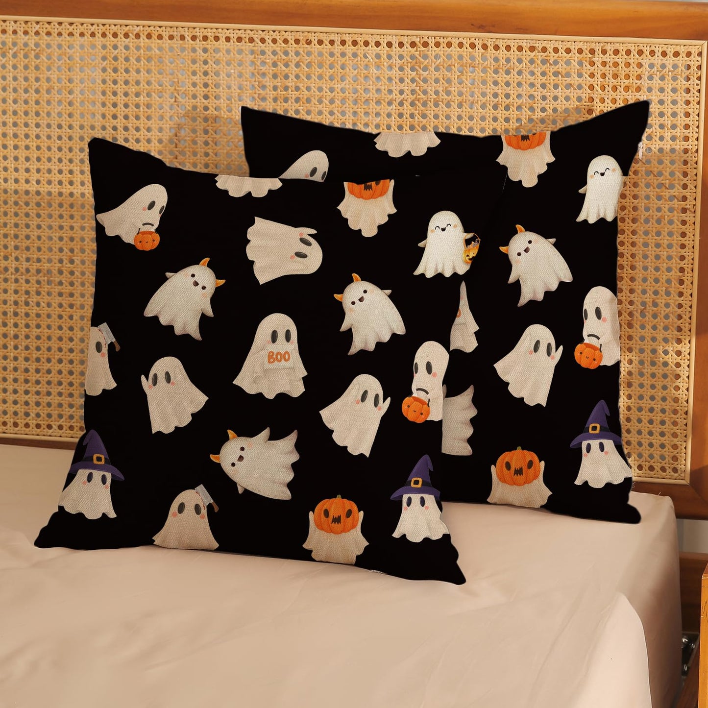 JEFERSO Halloween Pillow Covers 18x18 Set of 2 Cute Black and White Pumpkin Ghost Throw Pillows Fall Halloween Decorations Pillowcase Farmhouse Linen Outdoor Decorative Cushion Case for Couch Sofa