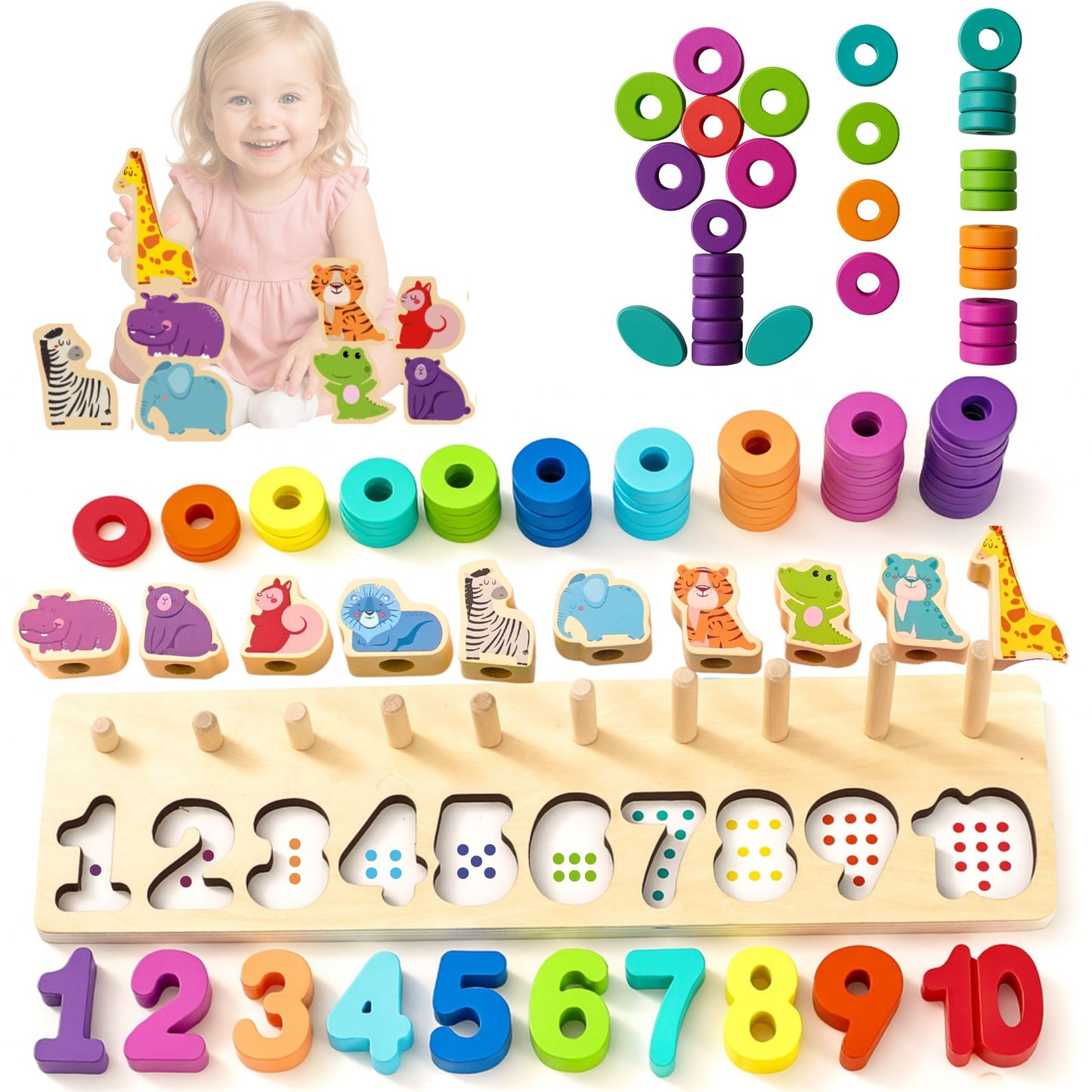 Safari Wooden Number Puzzle – 3 Year Old Girl Gifts, Educational Toys for 4 Year Old, Wooden Puzzles for Toddlers 3+, Learning for 3 Year Olds, Montessori Preschool Activities, Toddler Toys 3-5