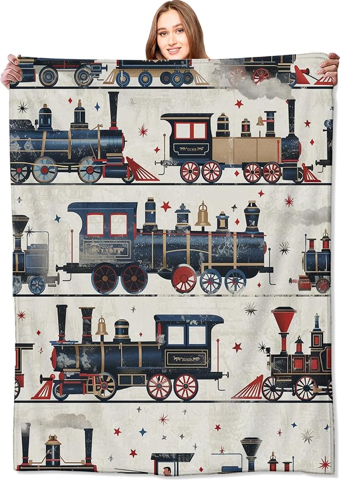 Vintage Steam Train Blanket,Cute Classic Railway Retro Throw Blankets,Gifts for Kids Girls,Lightweight Soft Fleece,for Sofa Couch Bed Room Travel,Birthday Historical Aesthetics Decor,50x60in