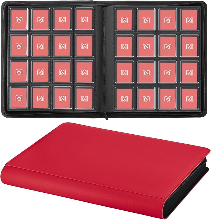 16 Pocket Toploader Binder,Holds 640 Top Loaders,Top Loader Binder for 3" x 4"Rigid Cards,Sleeves Card Collection Binder,20 Double Sided Pages,Compatible with Trading & Sports Holder (16Red)