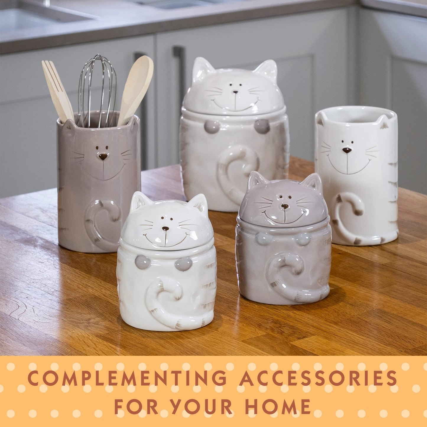 SPOTTED DOG GIFT COMPANY Ceramic Jar with Lid for Countertop, Cat Treat Container, Cute Decorative Kitchen Storage Jar for Tea Coffee Sugar, Gifts for People Who Love Cats, White 16oz