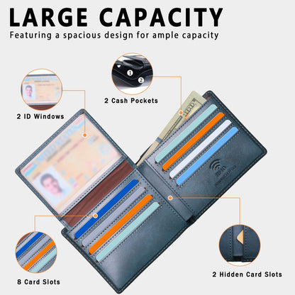 Travelambo Genuine Leather Wallet for Men with Gift Box - Handmade Bifold Stylish - Mens Wallets Rfid Blocking with 2 ID Windows