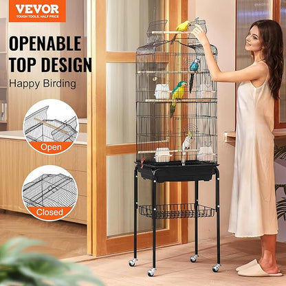 VEVOR 64-inch Open Top Large Parrot Bird Cage with Detachable Rolling Stand for Parakeets Finches Canaries Lovebirds Cockatiels Budgies Small Quaker Conures Flight Birdcage with Swing and Perch