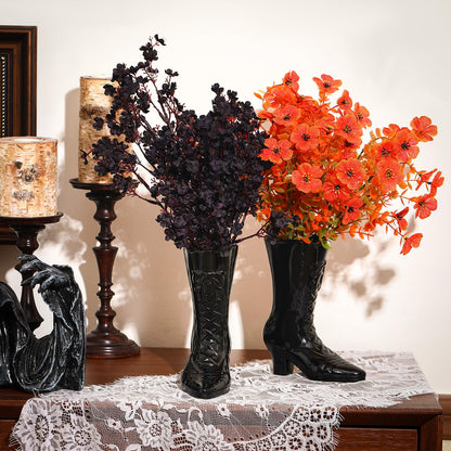 Ninehaoou 1 Pairs Halloween Flower Vase 7.1 Inch Witch Boot Vase Black Ceramic Gothic Planter Halloween Table Centerpieces for Indoor Outdoor Home Office Decor