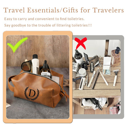 XUMGCUTM Personalized Leather Toiletry Travel Bag for Men Custom Christmas Birthday Gifts for Men Groomsmen Dad Husband Boyfriend Engraved Initial Waterproof Shaving Bags(B, Light Brown)