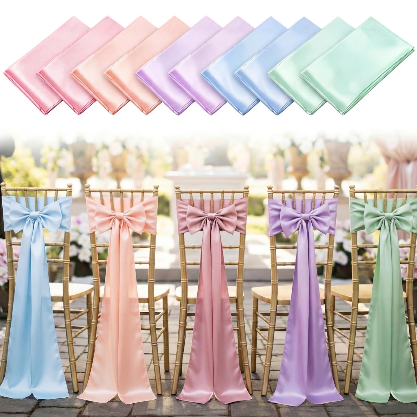 Tegeme Pastel Chair Sashes Bows Satins Soft Chair Ribbon Sashes Wedding Aisle Church Bows Decor for Wedding Banquet Party Easter Garden Events Decoration (10 Pcs,7" X 108")