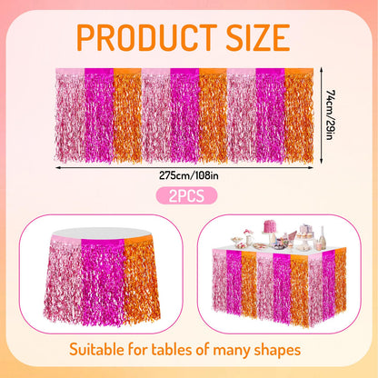JarThenaAMCS Metallic Tinsel Foil Fringe Table Skirts Light Pink Hot Pink Orange Wavy Disposable Table Skirt 2Pcs Sparkly Party Decor for Parade Floats Wedding Birthday Bride Shower, 29 x 108 Inch