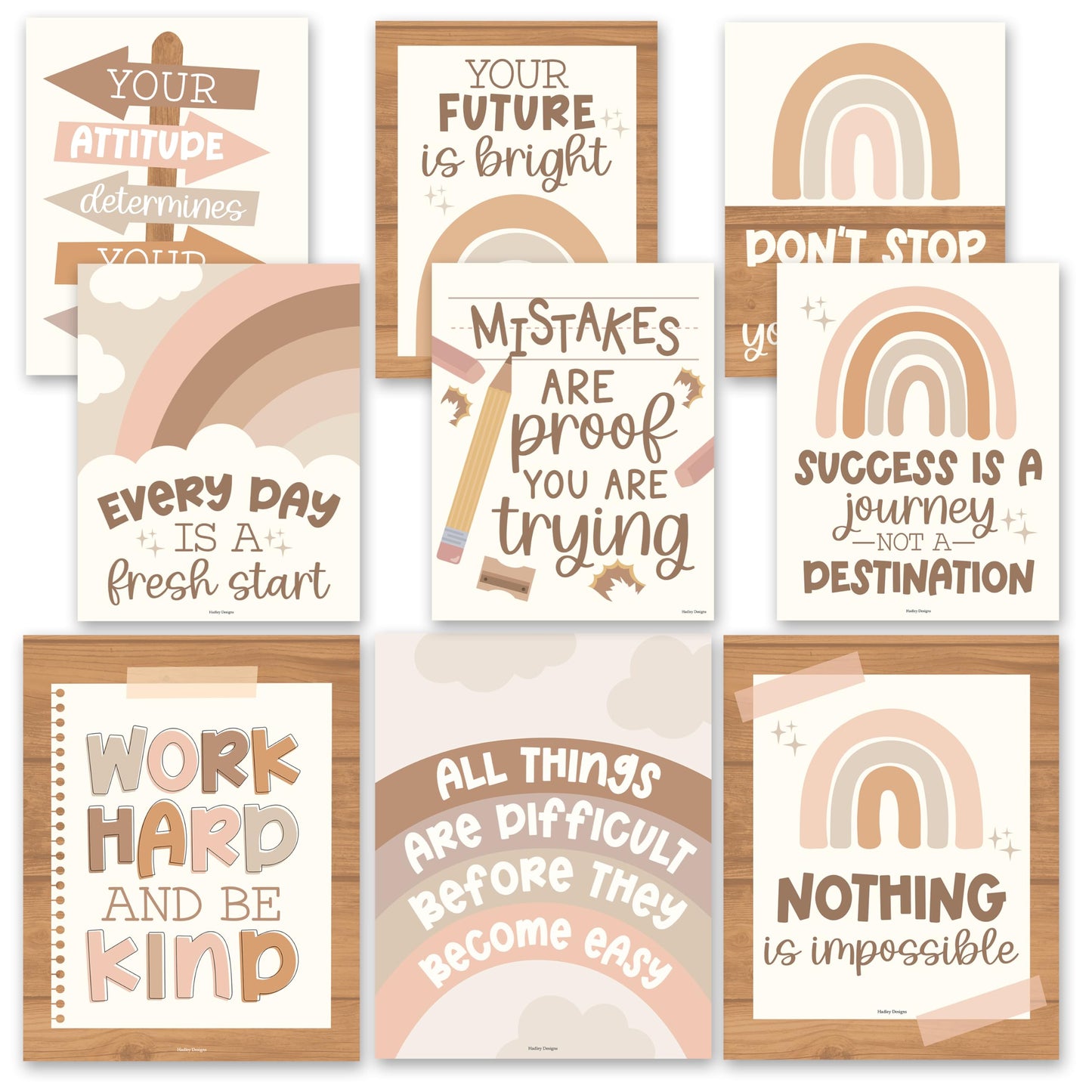 Hadley Designs Motivational Poster for Classroom Decor - 9 Growth Mindset Classroom Posters Elementary, Inspirational Wall Decor Middle School, Teacher Must Haves, Boho Bulletin Board Decorations