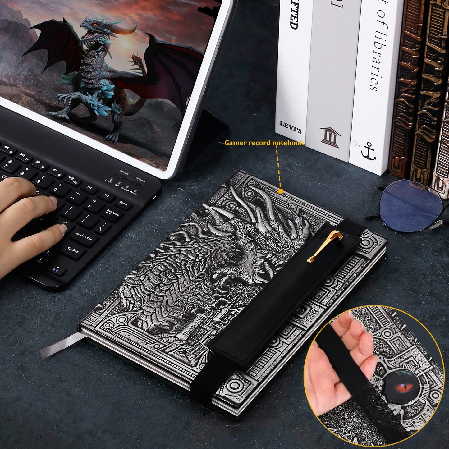 Vintage Dragon Embossed Leather Notebook DND Notebook Travel Journal with Black Ballpoint Pen and Pen Sleeve.Antique Handmade A5 Journal,Hardcover Liner,Writing Notebook Gift for Men&Women(Silver)