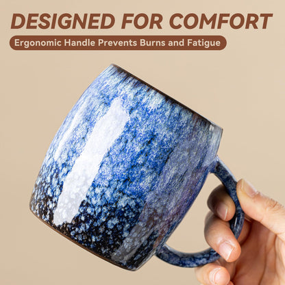 Sakura Blue Reactive Glaze Ceramic Coffee Mug - 14 oz Unique Mug with Ergonomic Handle, Large Ceramic Mug for Coffee, Tea, Milk - Great Birthday Gift for Women, Men, Friends, Home & Office Use