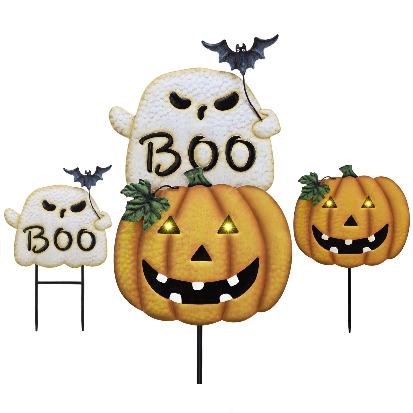 TERESA'S COLLECTIONS Metal Halloween Yard Stakes, Halloween Decorations for Outdoor with Ghost Pumpkins Solar Light, Stacked Jack-o-Lantern Garden Stakes Decor for Pathway Patio Party, 25"