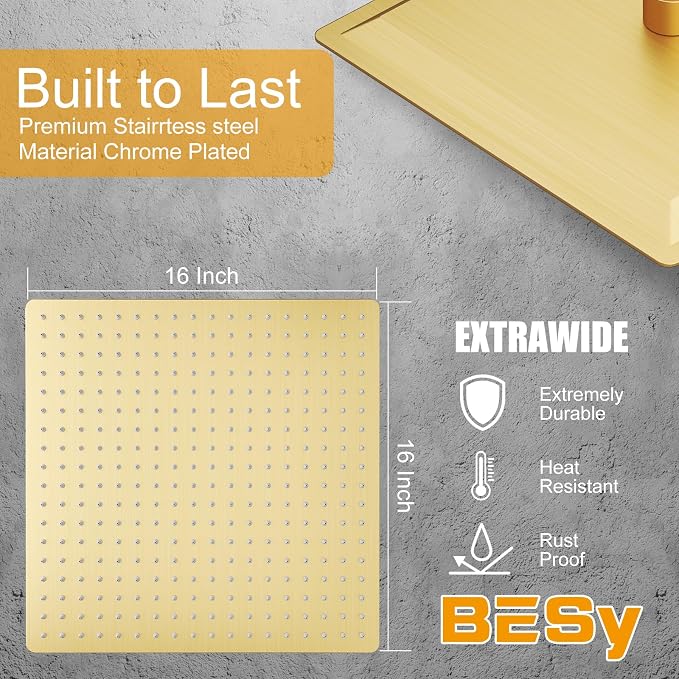 BESy 16 Inch Rain Shower Head, 16" Square Rainfall & High Pressure Stainless Steel Bath Showerhead, 1/16" Ultra Thin, Waterfall Full Body Coverage with Silicone Nozzle, Brushed Gold