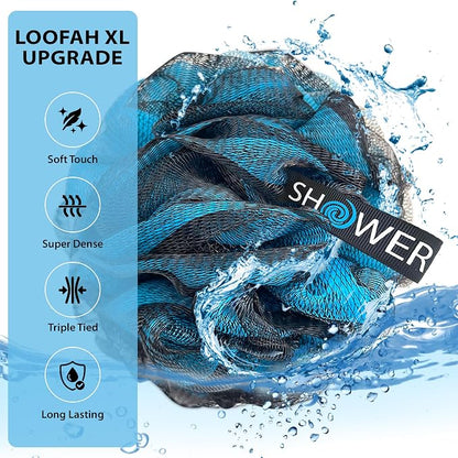 SHOWER BOUQUET Loofah-Charcoal Bath-Sponge XL-4-Pack-Blue-Green // Extra Large 75g Soft Mesh Color & Black Lufa Loofa Loufa Puff Set/Exfoliating Body Scrubber for Women and Men - Exfoliate & Soothe