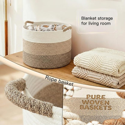 Artfeel 100L Large Cotton Rope Basket, Decorative Woven Blanket Storage for Living Room, Boho Toy Storage & Toy Box for Kids, Versatile Laundry Basket & Nursery Hamper for Blankets(BrownYellow)