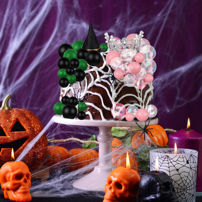 50 Pcs Witch Theme Party Supplies Balloons Cake Topper Black Green Pink Mini Balloons, Silver Plastic Crown and Black Women Witch Hat Fantasy Cake Decoration Balls for Birthday Cake Decoration